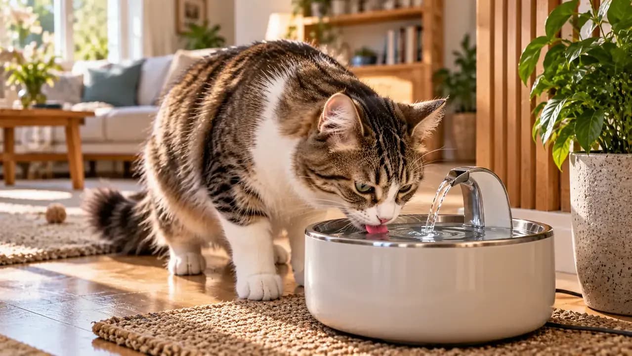 Curious cat drinking from a quiet indoor pet fountain with gently moving water