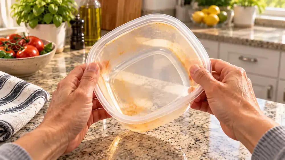 Clean transparent plastic food container tilted toward natural daylight by two dry hands, showing orange stains in the bottom corners, with its lid and silicone gasket on a folded white towel and a bowl of baking soda in the background.