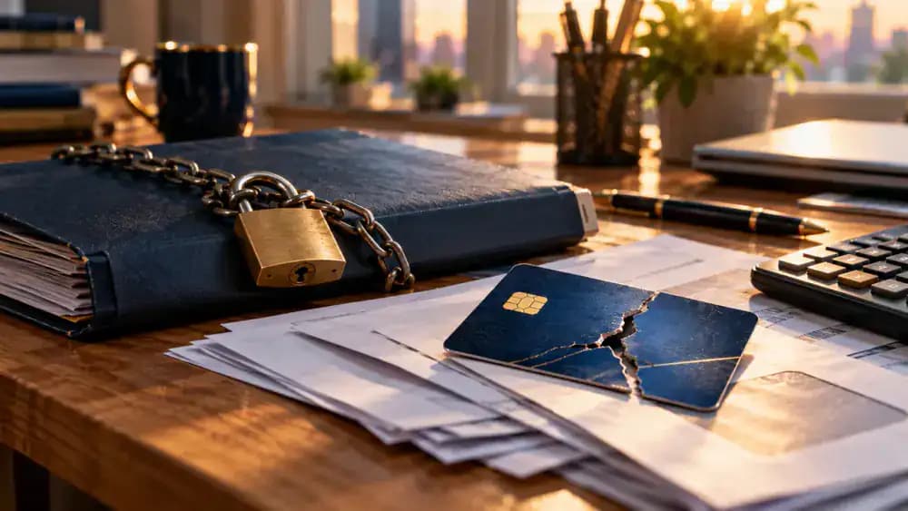 Closed financial account folder, damaged credit card, and documents representing a credit card charge-off.