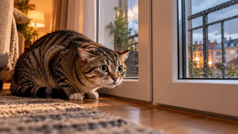 Close-up of a tense cat with flattened ears near a closed apartment window and a nervous dog pacing beside the balcony entrance, while the owner redirects both pets toward quiet indoor resting areas.