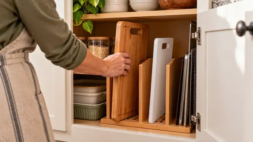 Clean wooden cutting board stored upright in a ventilated cabinet divider beside a separate plastic board with a food-use label
