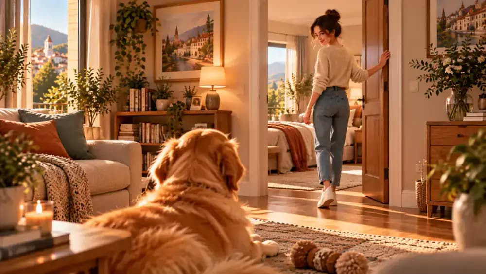 Over-the-shoulder view from behind Bailey as Emma touches the wooden frame of an open doorway leading to a brightly lit bedroom, preparing to step briefly out of sight.