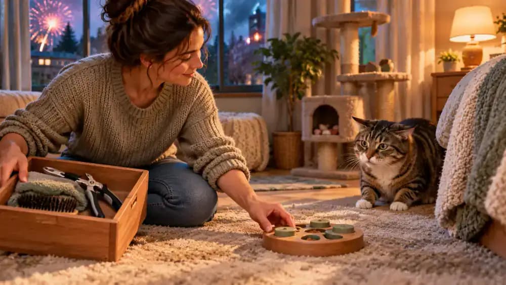 Tabby cat hesitating near a bedroom doorway after hearing outdoor construction noise while its owner closes the window, puts away grooming supplies, and offers a familiar treat puzzle.