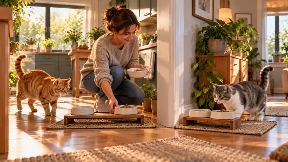 Golden morning sunlight fills a modern home as an owner guides an orange tabby to its kitchen feeding station while a gray-and-white cat heads independently toward the study.
