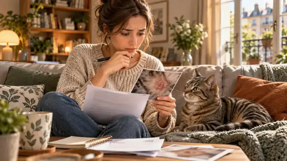 Tabby cat resting beside an owner reviewing a dated record of a suspected skin reaction