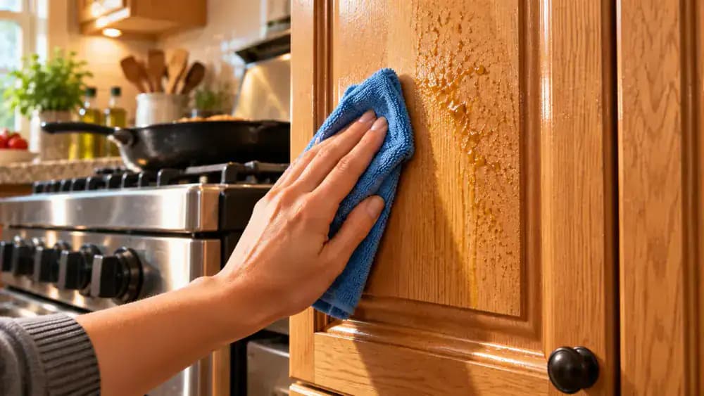 Close-up of a hand holding a folded blue microfiber cloth against a stubborn yellow grease spot on a satin-finished oak kitchen cabinet above a stove, demonstrating gentle grease removal without scrubbing.