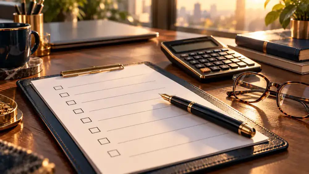 Blank checklist, pen, calculator, and reading glasses arranged for reviewing loan terms.