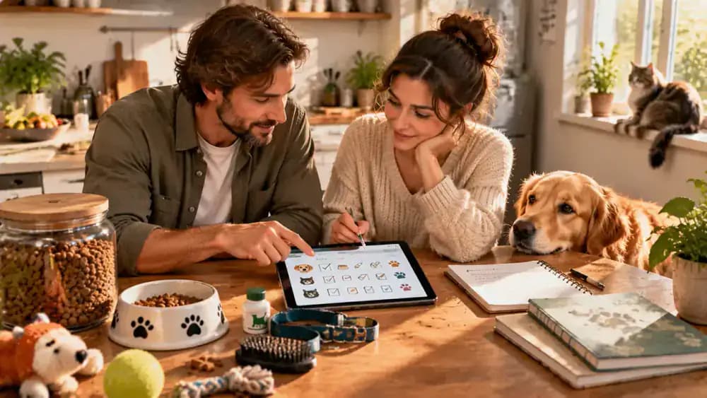 Two family members reviewing a shared pet care chart on a tablet, with treatment administration, refills, and veterinary appointments assigned to different people while their dog rests nearby.