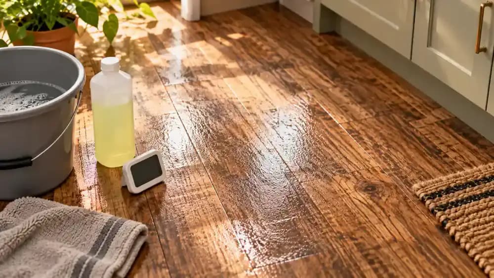 Overhead view of damp vinyl plank kitchen flooring treated with degreaser, with a person checking bottle contact-time instructions and setting a digital kitchen timer beside a wet-floor warning sign.