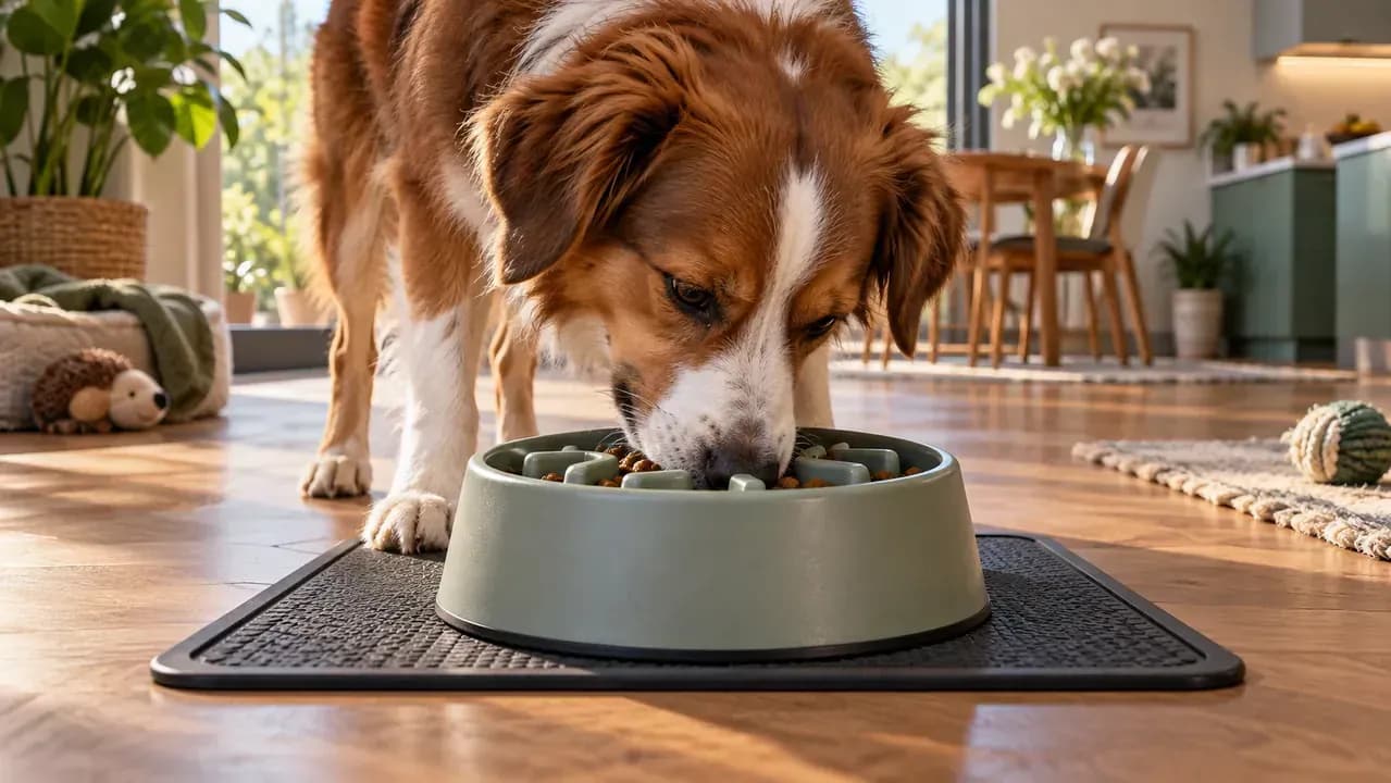 Border Collie investigating a simple slow feeder with a small amount of kibble