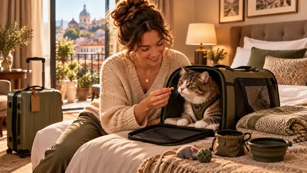 Cat receiving a familiar treat after calmly entering a carrier in a hotel room