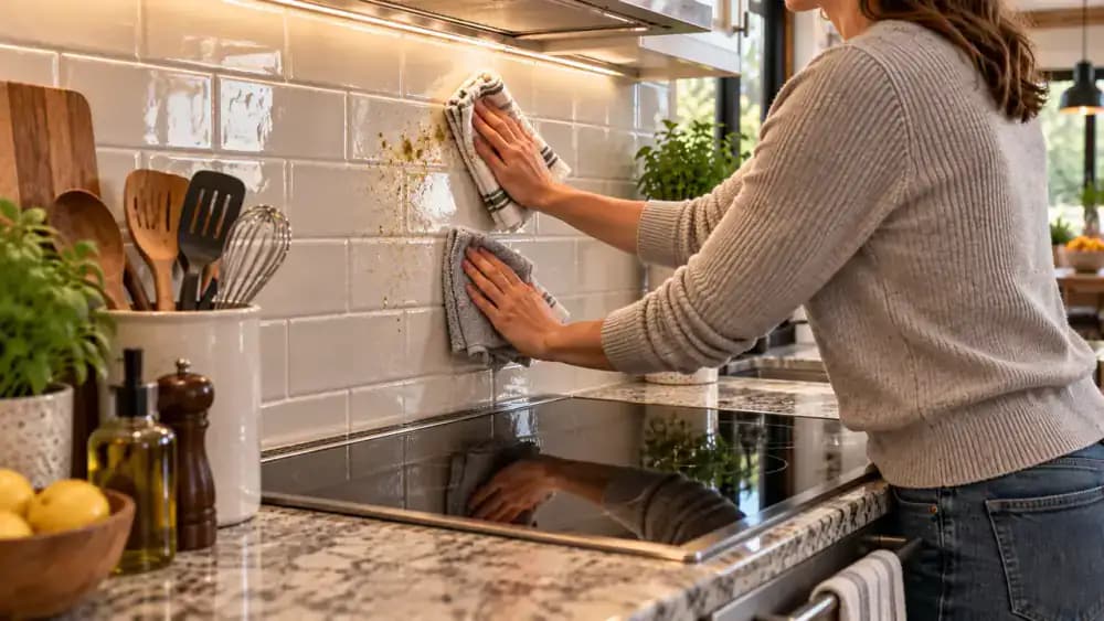 Hand wiping the high-splash area of a cooled kitchen backsplash with a damp microfiber cloth while a dry towel follows behind the stove
