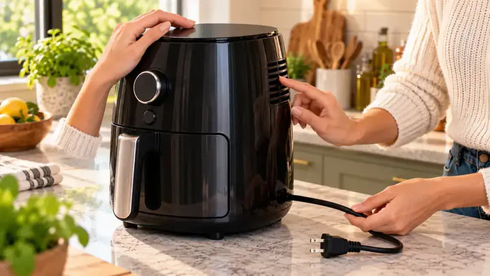 Close-up of a hand inspecting a dry unplugged appliance, including the controls, vents, cord connection, insulated cable, and plug for moisture or damage.