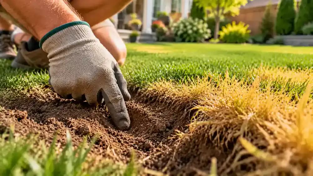 Homeowner pressing a gloved finger into exposed soil beneath yellow grass and comparing soil firmness with a second inspection spot in healthy green turf.
