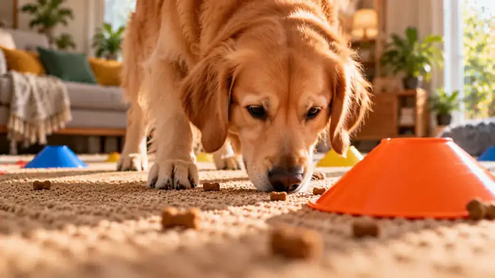 Close-up of a dog sniffing around a stationary weaving marker on a rug, discovering scattered treats while its owner sits quietly nearby without giving commands.