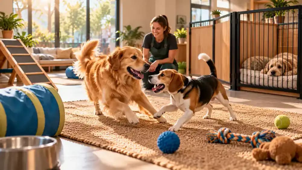 Two compatible dogs playing gently under staff supervision, another dog enjoying individual enrichment with a caregiver, and a tabby cat resting privately in a separate boarding enclosure.