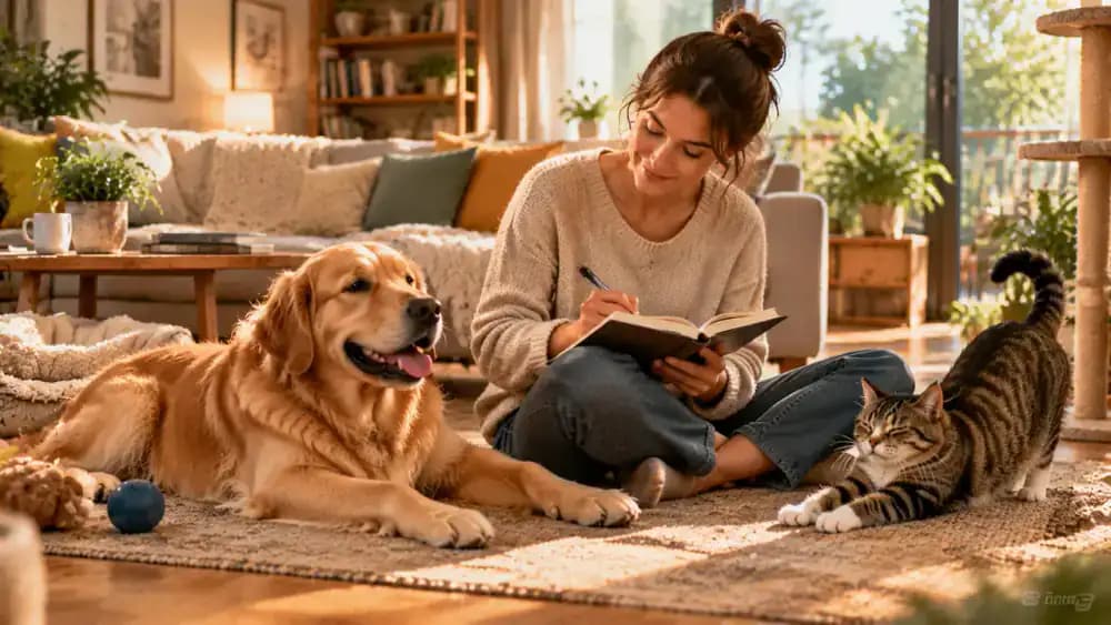 Golden Retriever resting comfortably on a living room rug while its owner records appetite, energy, and behavior in a notebook, with a tabby cat stretching on a window perch and a clock indicating the interval between meals.