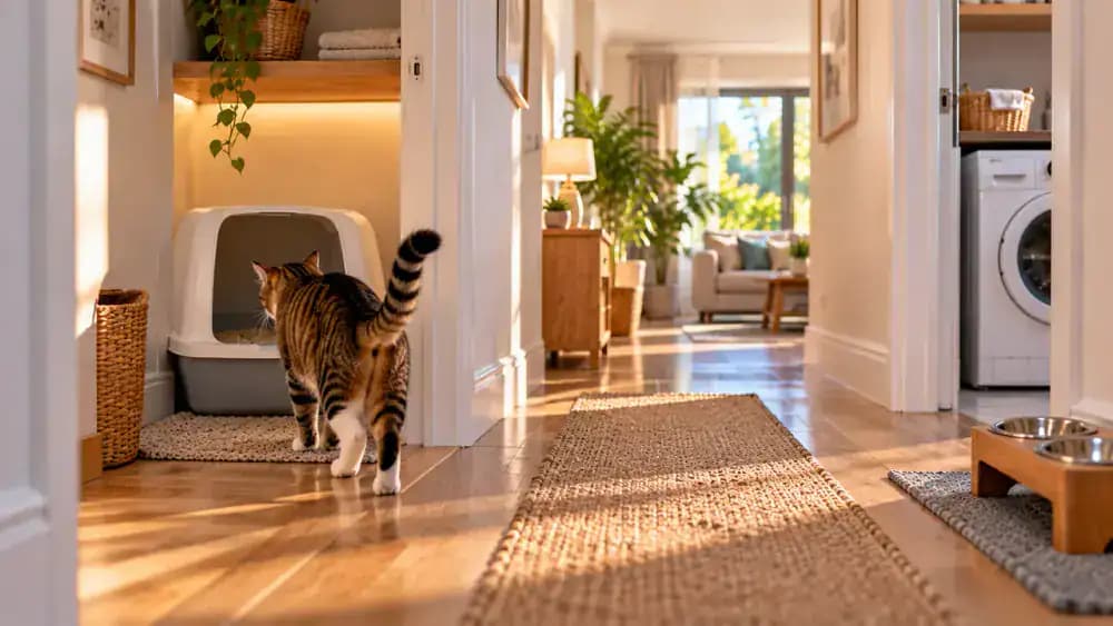 Home interior comparison showing a litter box beside a noisy washing machine, another in a busy hallway, and a preferred quiet corner with clear access, comfortable lighting, and separation from food and water bowls.