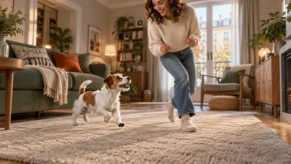 Owner stepping backward across a carpet while a happy terrier follows toward a reward