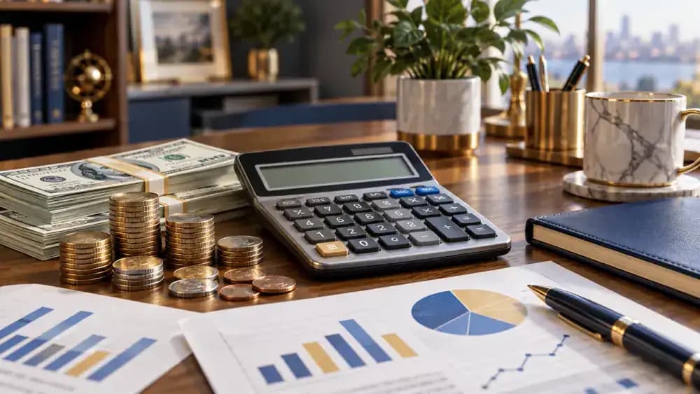 Two contrasting piles of coins beside separate bank folders