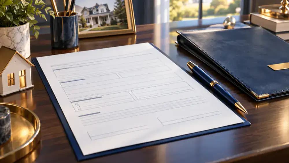 Close-up of an entirely blank structured closing document beside a pen and folder.
