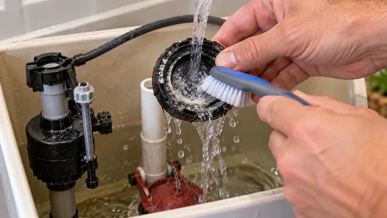 Close-up of an open toilet tank with the water supply off as a serviceable fill valve cap is rinsed and wiped to remove mineral buildup before careful reinstallation.