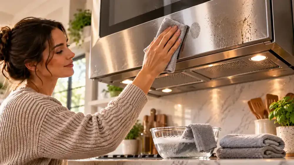 Overhead view of a stainless steel microwave side panel being cleaned with separate microfiber cloths, starting with a dry wipe for a fingerprint and using a wrung-out soapy cloth only on a greasy smudge.
