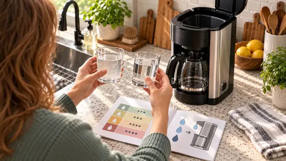 Two glasses labeled hard water and filtered water beside a water hardness chart as a hand compares local hardness information with a coffee maker manual before filling the reservoir.