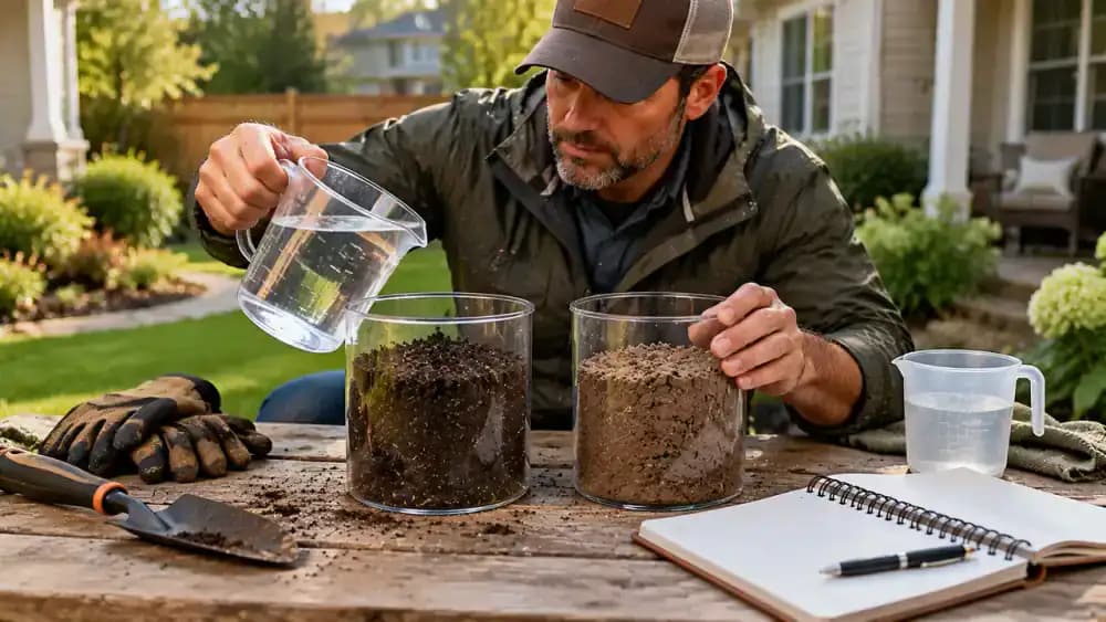 Homeowner preparing a soil infiltration check on an outdoor workbench with two identical clear containers of water, an empty measuring cup, and a field notebook, with a suburban lawn and garden bed in the background.