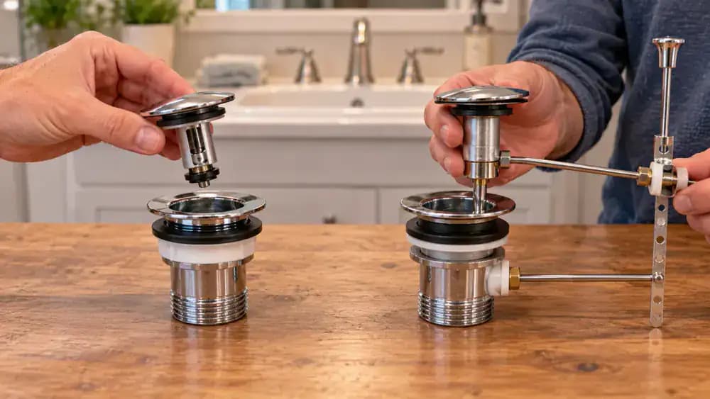 Side-by-side comparison of two bathroom sink pop-up stopper designs, showing a gloved demonstrator gently lifting a removable chrome stopper on the left and a stopper secured by an under-sink pivot rod on the right.