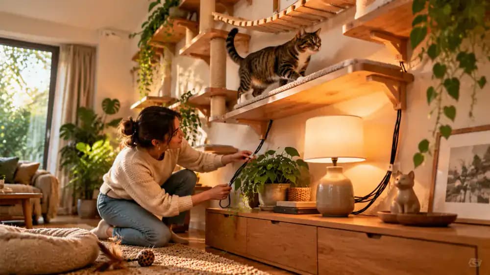 Cat owner clearing a landing area by moving a fragile ornament, securing dangling electrical cords, relocating a nearby lamp, and checking the space beneath the climbing route while the cat watches.