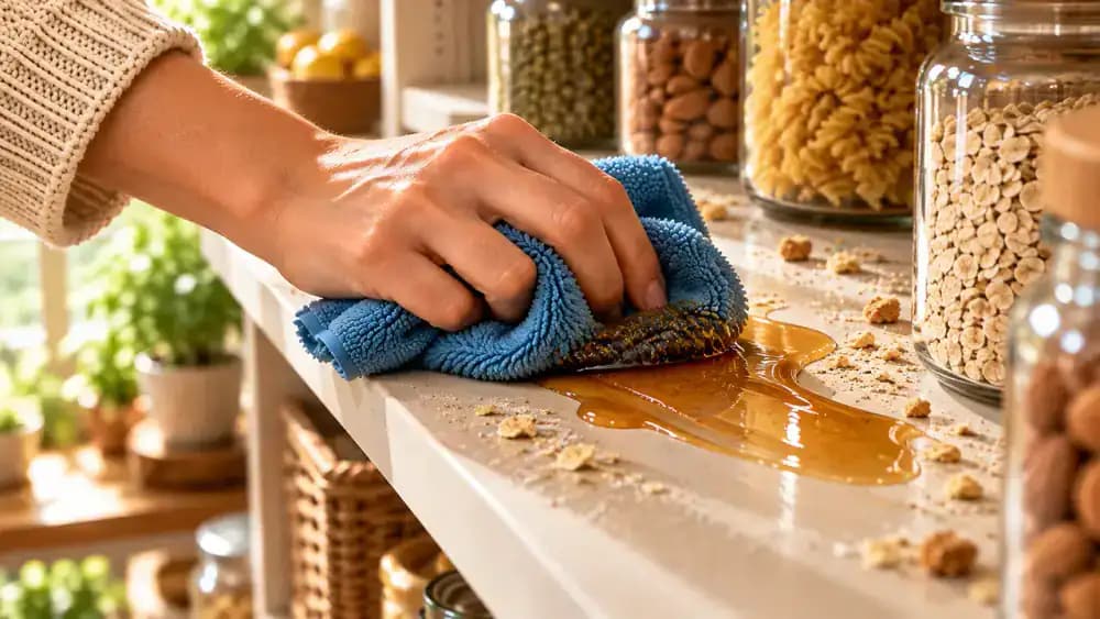 Close-up of a hand using a folded blue microfiber cloth to gently wipe softened amber syrup from a laminate pantry shelf, moving inward from the sticky ring's outer edge as residue transfers onto the fabric.