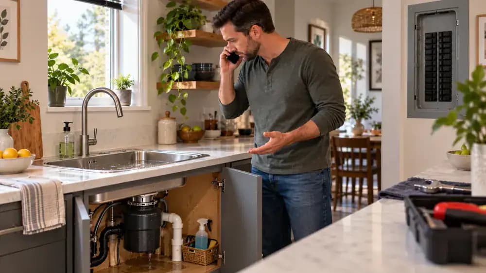 Homeowner standing back from a kitchen sink while calling a plumber, with slow-draining water in the basin and a small damp spot beneath the sink cabinet while the garbage disposal remains off.