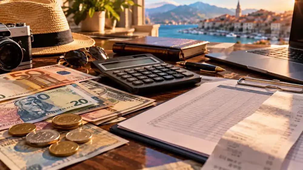 Consumer reviewing a credit card agreement and bank statement with a magnifying glass.