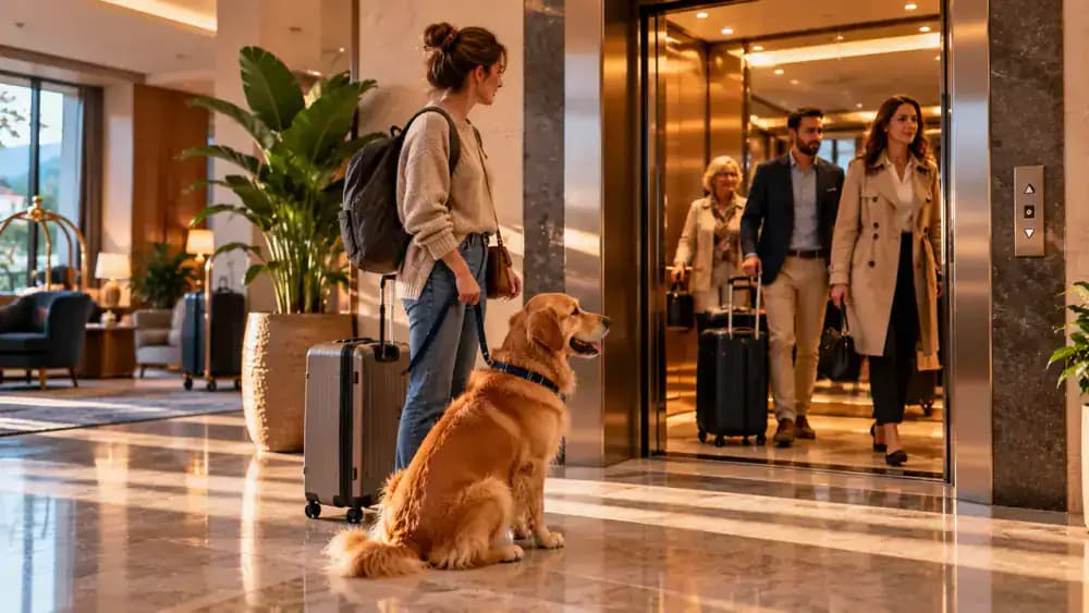 Pet owner checking a golden retriever's identification tag and leash in a hotel hallway, waiting beside an elevator, and cleaning up after the dog in a landscaped pet relief area.