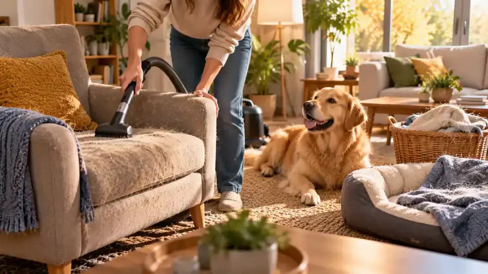 Bright modern home with an owner placing a dog-hair-covered blanket into a laundry basket, a vacuum with an upholstery attachment beside a fabric armchair, a reusable lint roller near a clean cushion, and a Golden Retriever watching from the doorway.