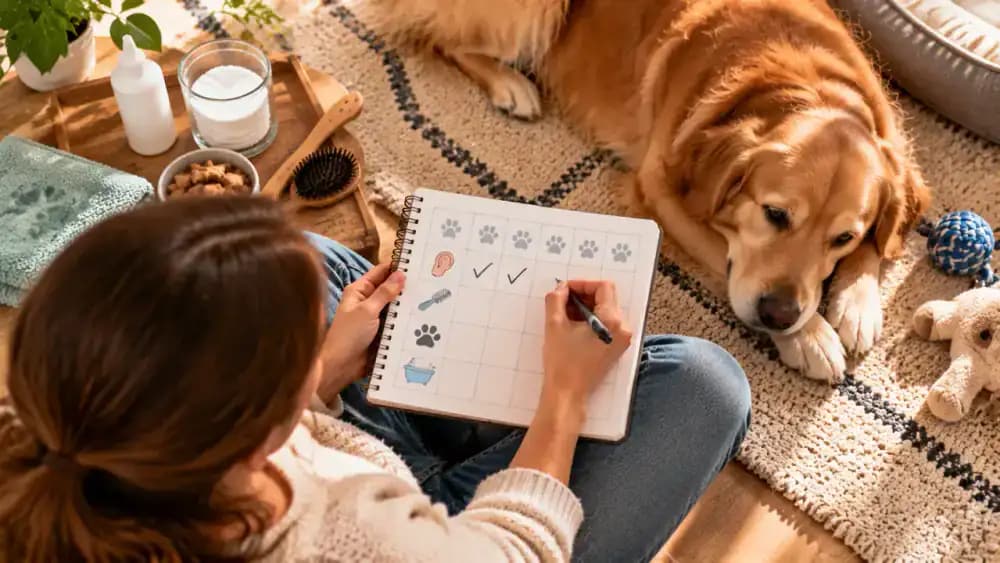 Owner checking a dog's visible outer ear while the dog rests comfortably on a rug, with a grooming calendar and checklist nearby.
