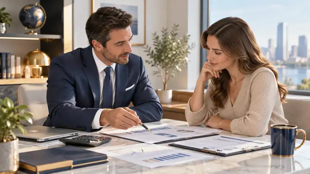 Financial professional discussing insurance options with a client.
