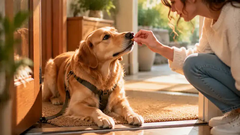 An owner offers a small treat near a relaxed dog that remains behind an interior doorway threshold during training.