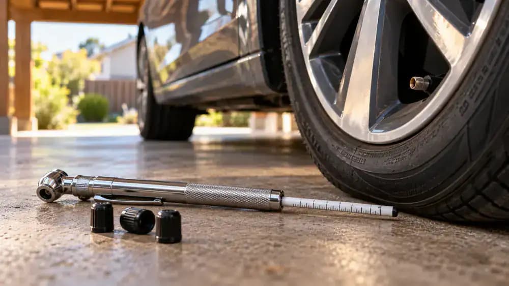 Hand using a silver pencil-style tire pressure gauge on a car tire valve, with the white graduated measuring stick extended to an illustrative 32 PSI reading.