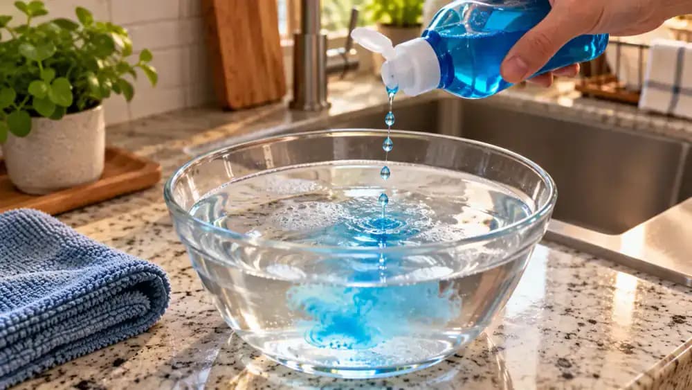 Close-up of blue-gloved hands adding three drops of mild dish soap to a transparent glass bowl containing approximately 2 cups of warm water, then stirring with a silicone spoon beside a kitchen sink.