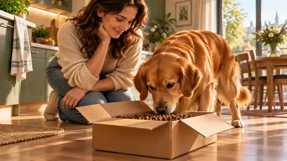 Dog sniffing into a low open cardboard box containing kibble