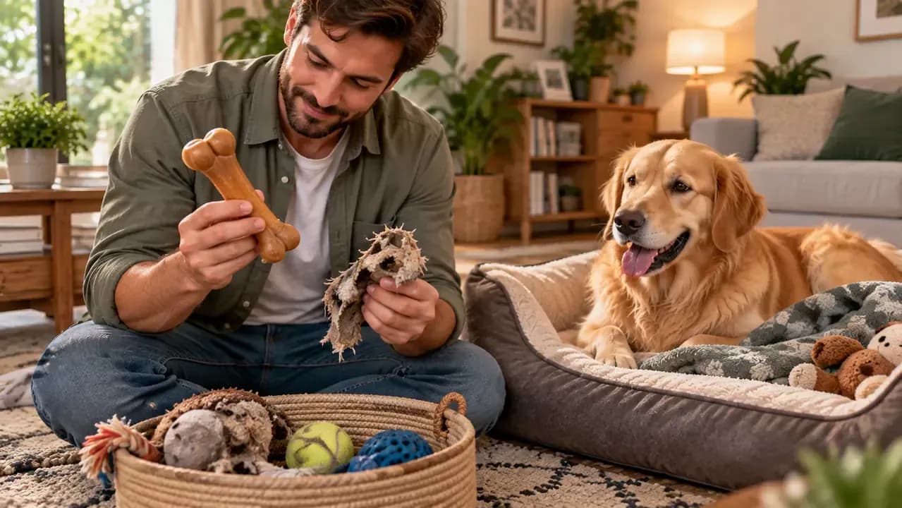 Owner inspecting a durable chew while a dog calmly uses another safe chew