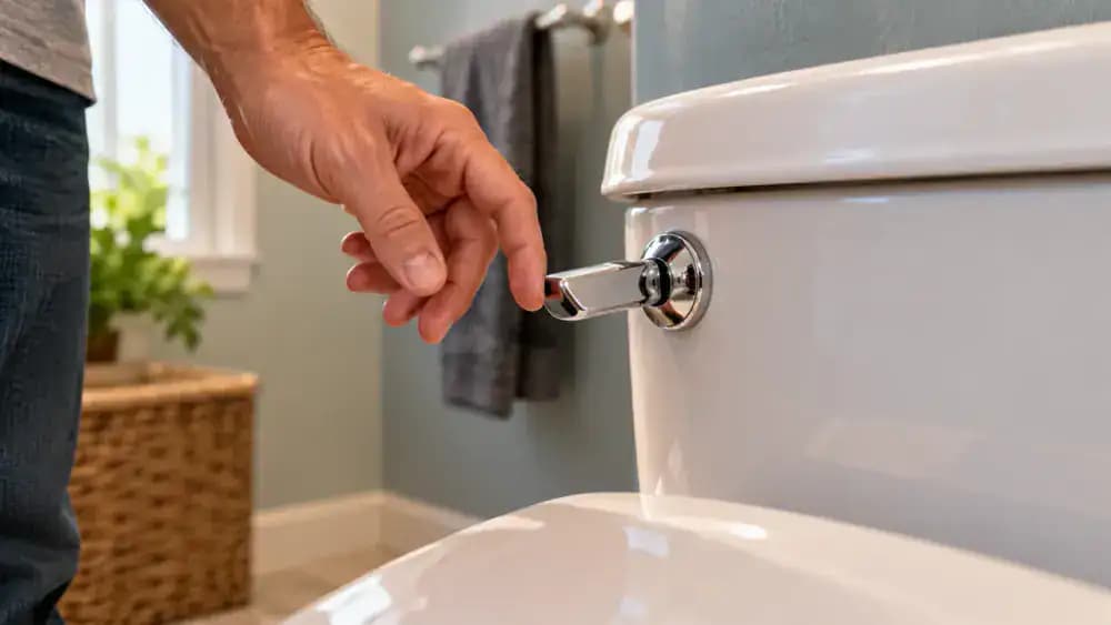 Close-up of a homeowner pressing and releasing the chrome flush handle on a white toilet tank, with an interior view showing the flush lever returning to its resting position and the chain relaxing above the closed rubber flapper.
