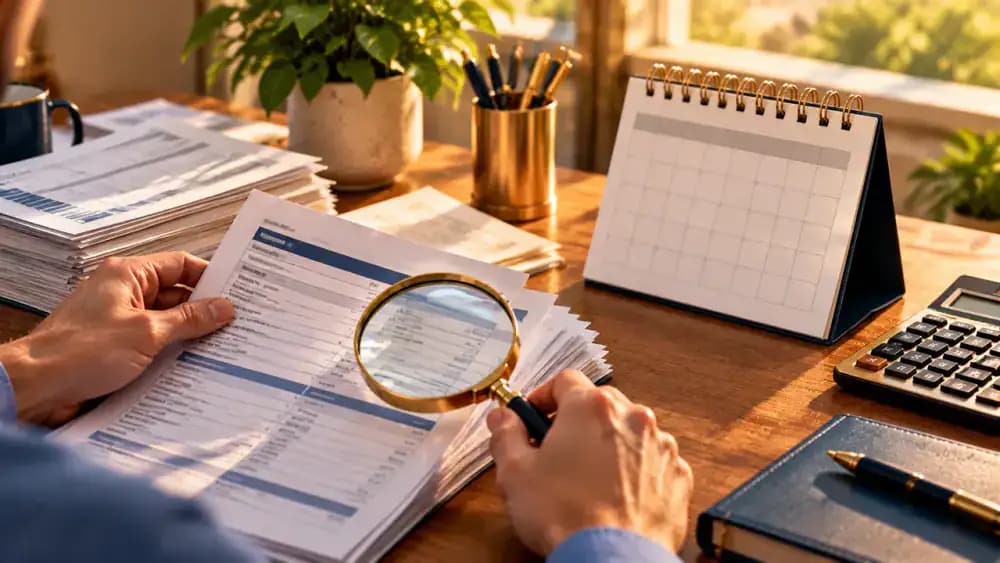 A hand comparing old account statements against a calendar using a magnifying glass.