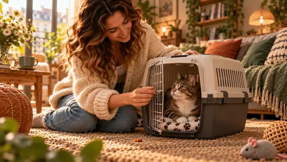 Owner gently closing a carrier door while a calm cat sits inside