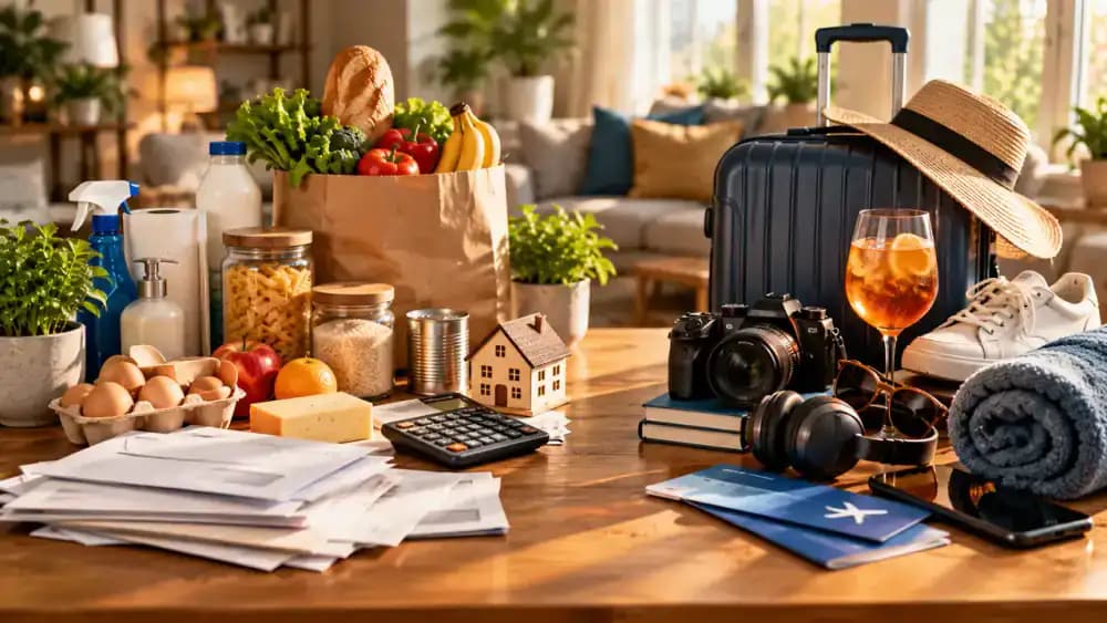 Two organized groups of household objects representing essential expenses and optional spending.