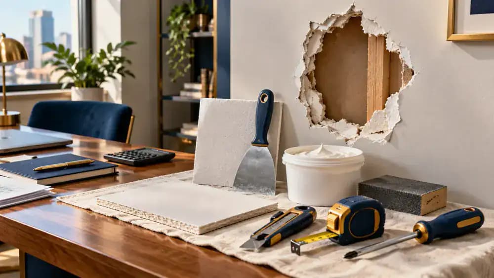 Large hole in an interior apartment wall with repair tools nearby, illustrating potentially chargeable tenant damage.