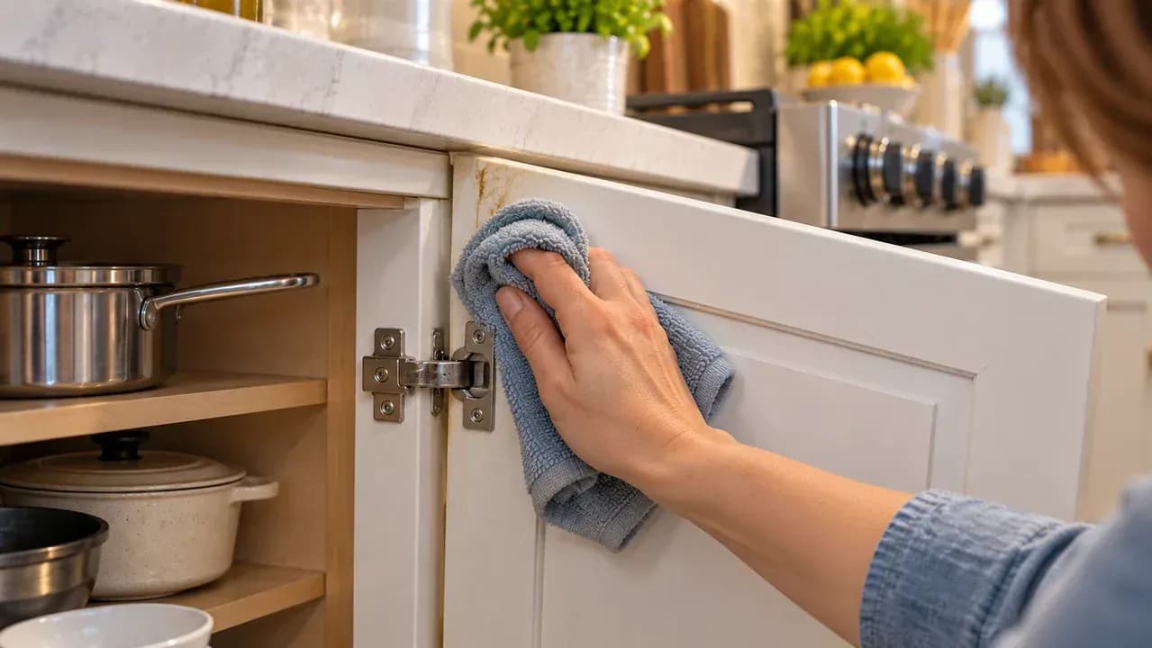 Close-up of a freshly cleaned upper cabinet corner being wiped with a second lightly dampened microfiber cloth while stopping before the nearby cabinet seam.