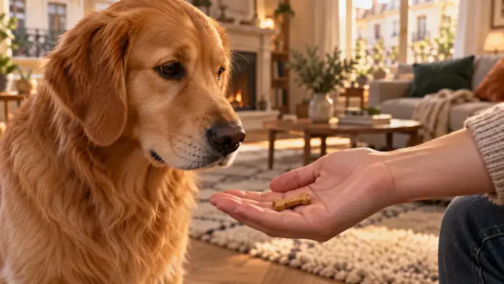 Close-up of an owner's open palm holding a single biscuit while a dog's muzzle pauses a few inches away without touching the treat.